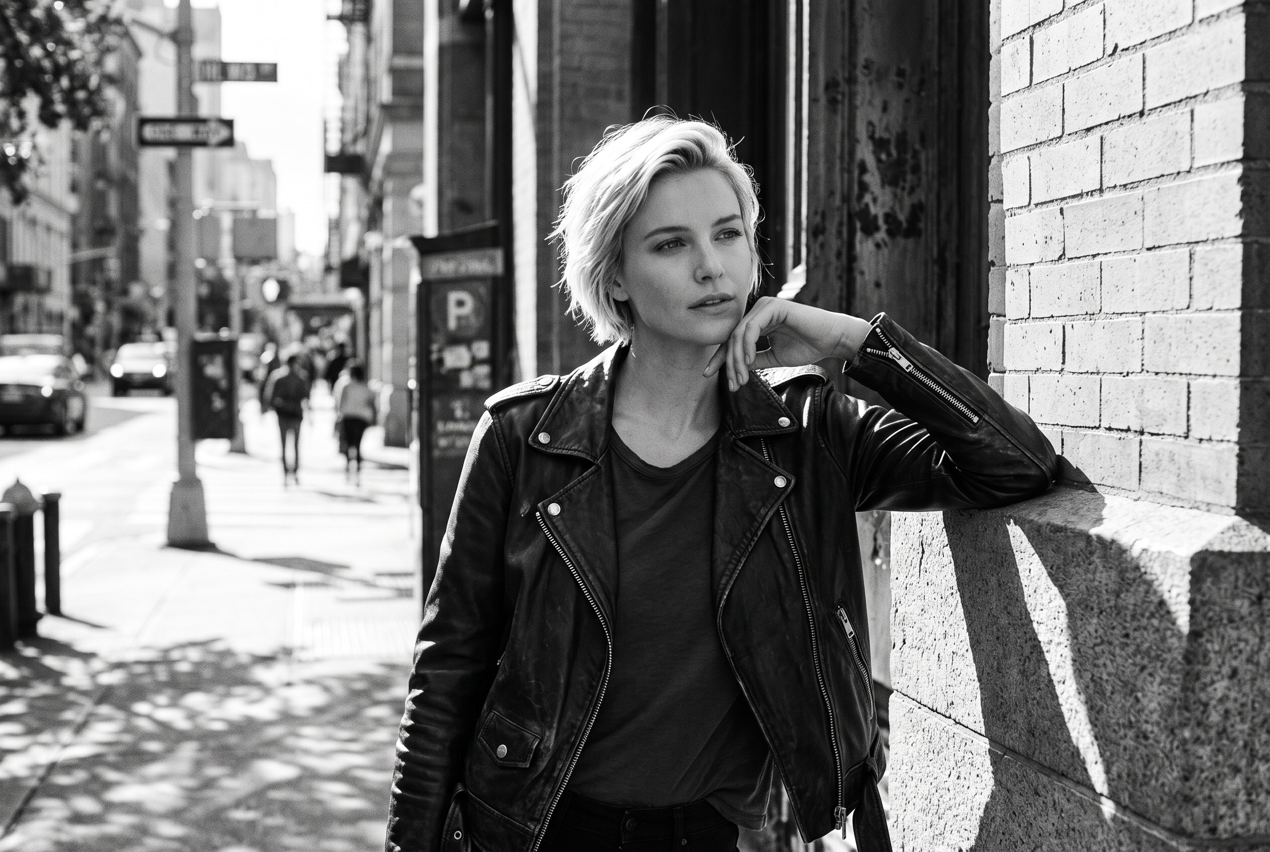 Blonde woman in leather jacket