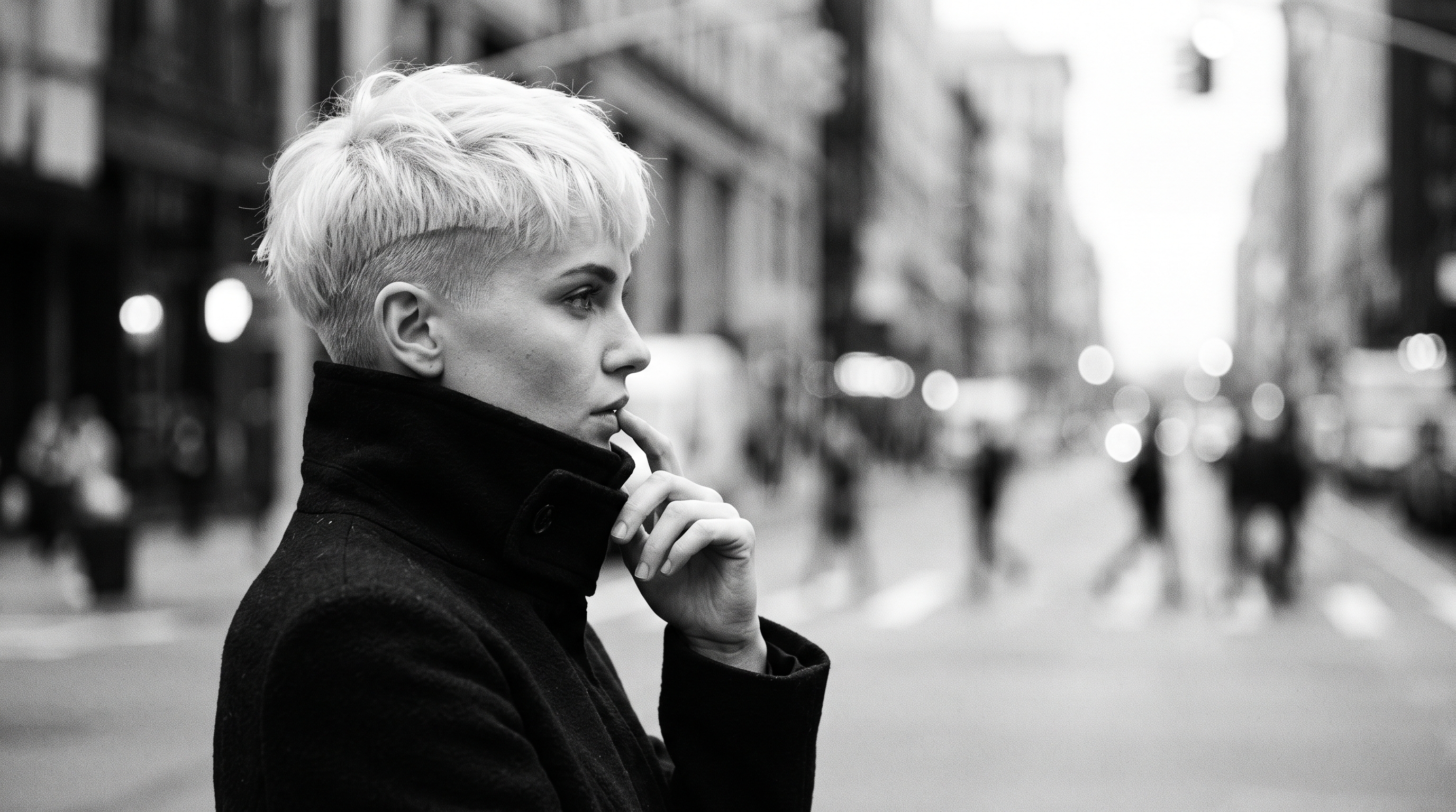 Woman in profile with platinum undercut